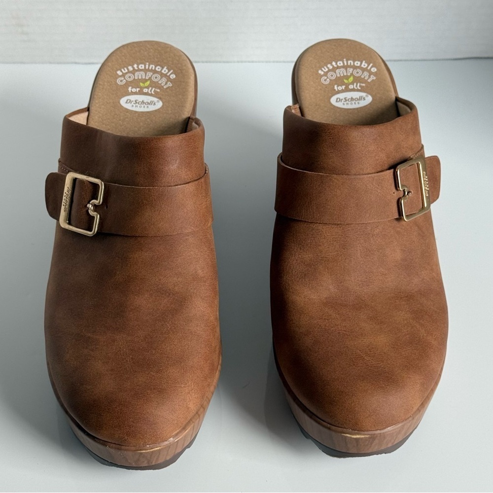 Dr. Scholl's Tan Leather Wake Up Clogs with Buckle  Mules Size 9.5M